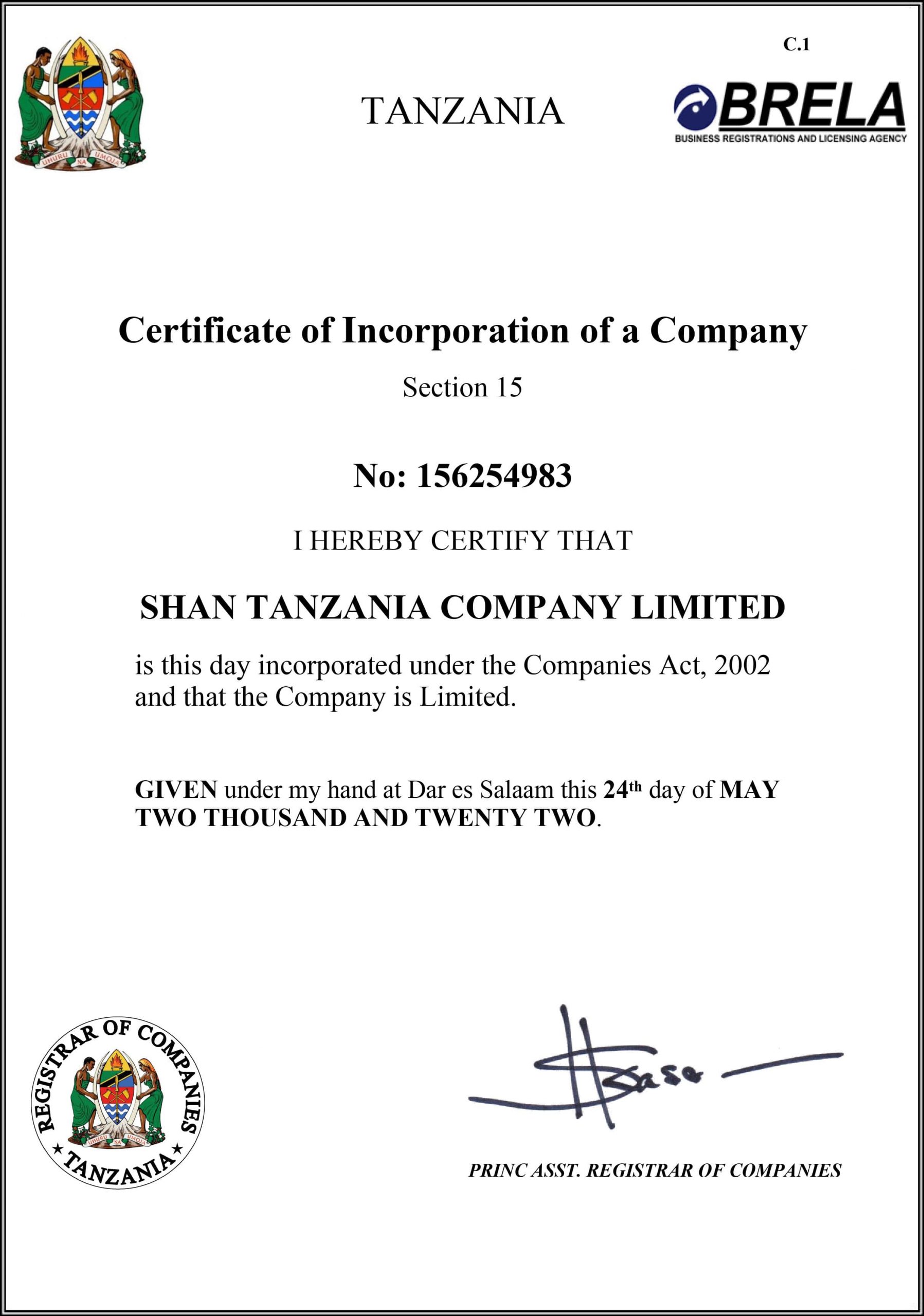 SHAN TANZANIA CERTIFICATE OF INCORPORATION